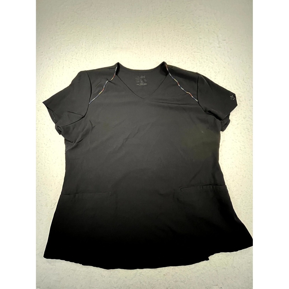 HeartSoul Scrub Top Womens XL Black Stretch V Neck Short Sleeve Nursing Uniform
